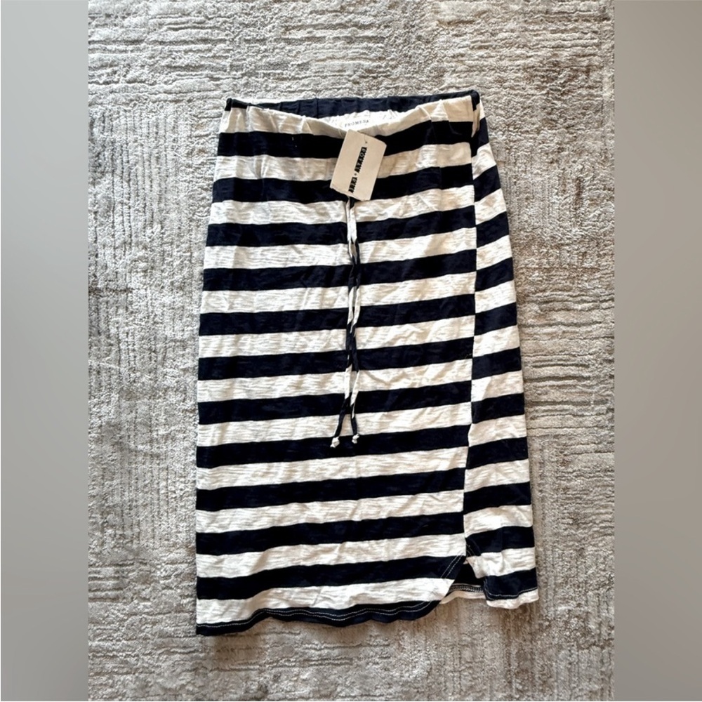 Navy Blue and White Midi Pencil Skirt with Tie Front